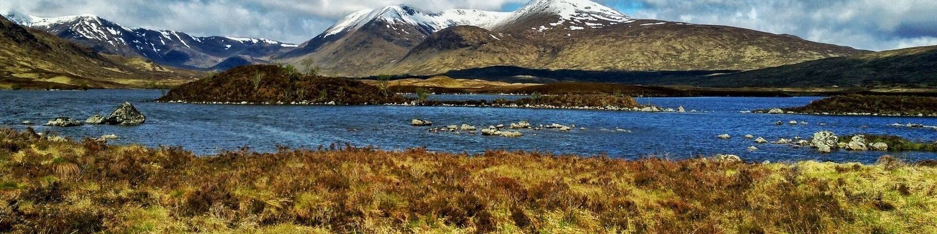 Cordillera con picos nevados, un lago y un primer plano con césped.