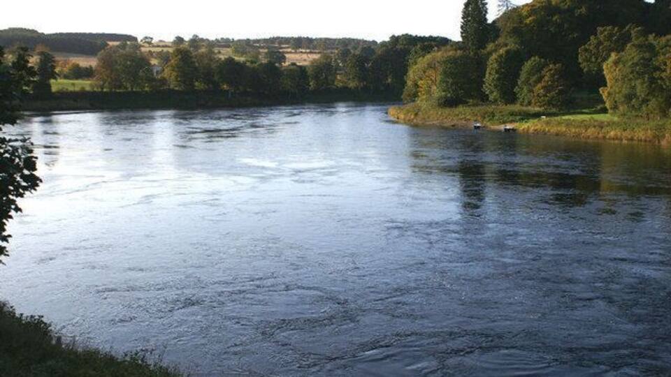 A river with calm waters, surrounded by trees and grassy banks.