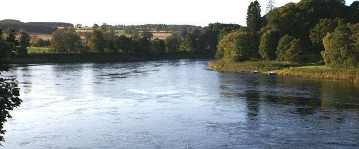 A river with calm waters, surrounded by trees and grassy banks.