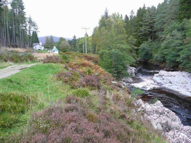 A river flowing through a forested area with a path and a house in the background.