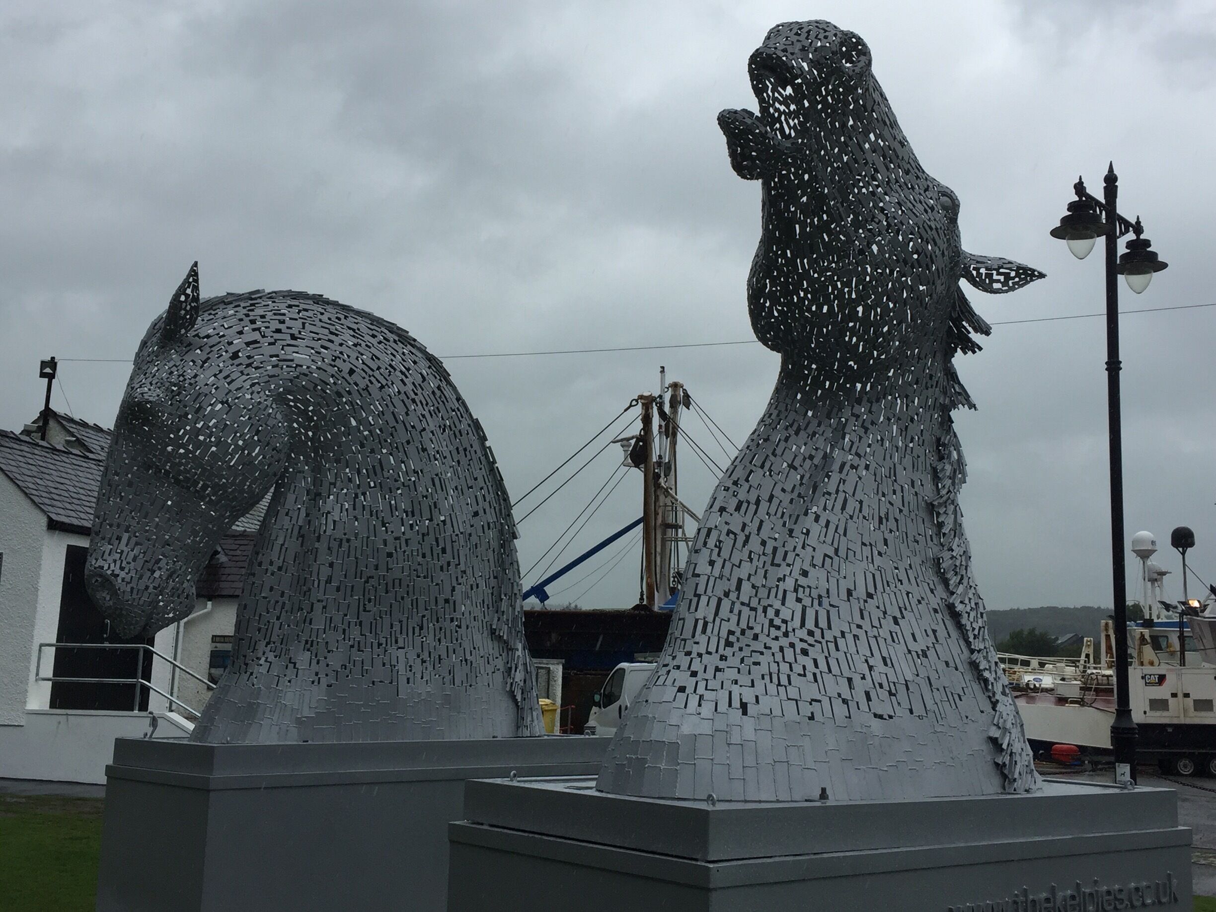 Rainy day visit to Kirkcudbright to see the Kelpie maquettes 