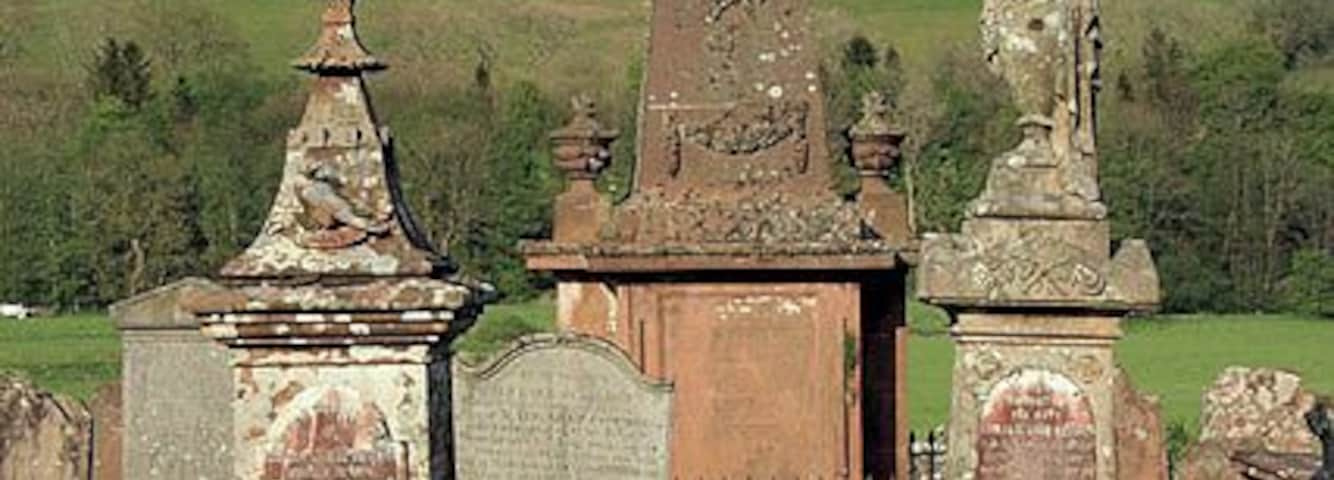 Eskdalemuir Parish Churchyard Opposite the parish church on the east side of the B709. The tall memorial is for the Rev'd William Brown, minister of the parish, who died in 1835 at Eskdale manse.