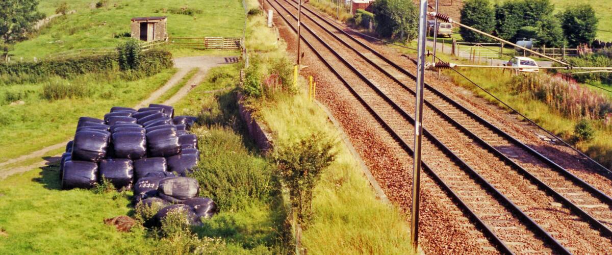A rural railway track with multiple lines, surrounded by green fields and a small building.