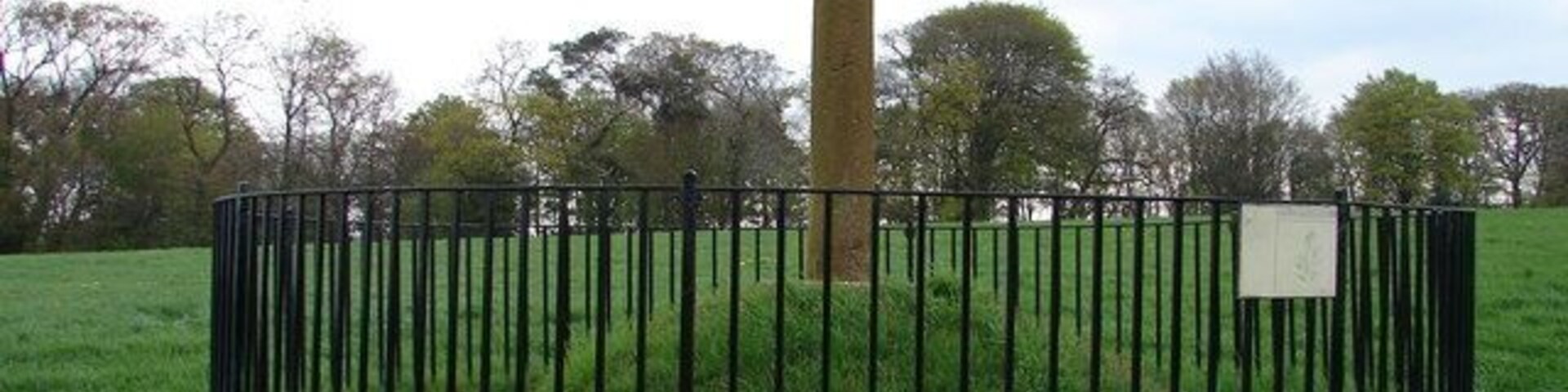Um monumento alto e cilíndrico com topo em formato de estrela, cercado por uma cerca de metal preto em um campo gramado.
