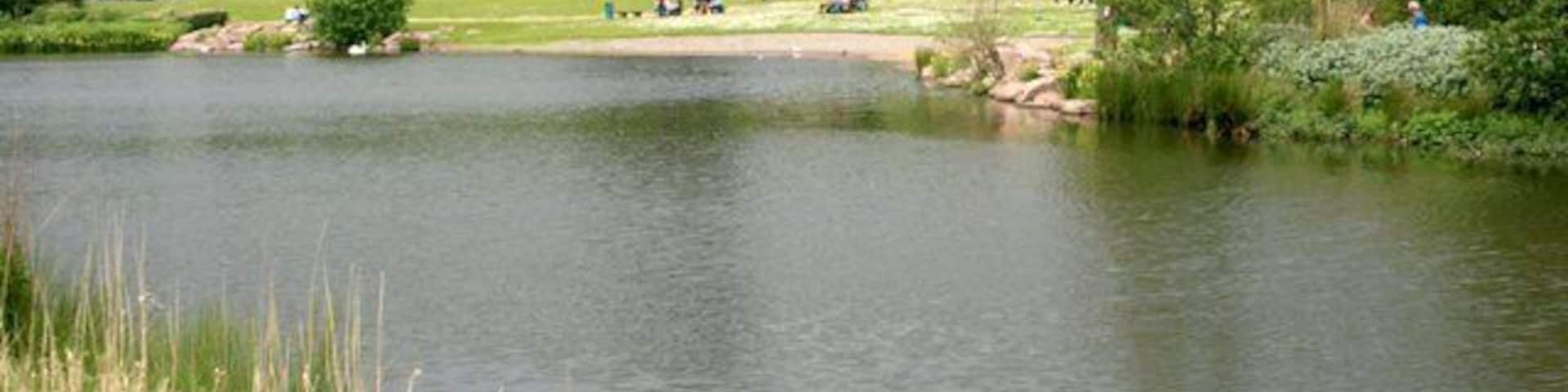 Um lago tranquilo rodeado por vegetação, uma área para piquenique e algumas pessoas ao longe.