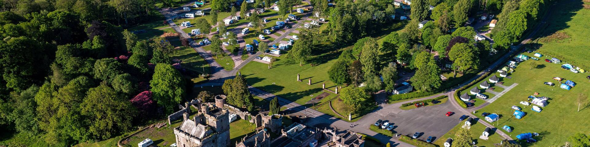 Aerial view of Hoddom Castle Caravan Park, Lockerbie, Scotland.