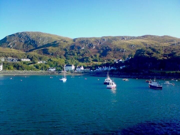 A coastal town with boats on the water, houses on the shore, and hills in the background.