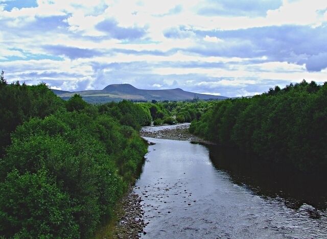 A river flowing through a forested valley with hills in the background.