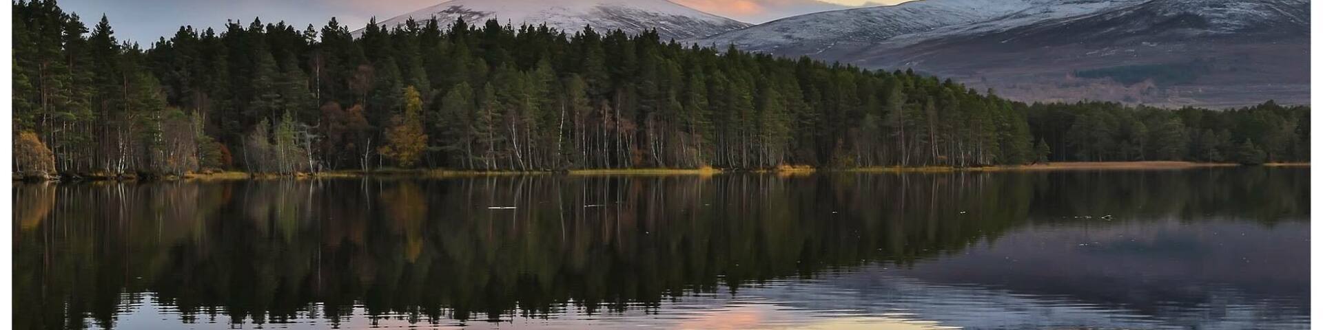 A calm lake reflecting trees and mountains during sunset.