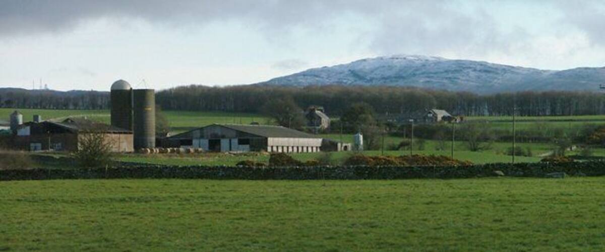 A rural landscape with a farm, a silo, and a mountain in the background.