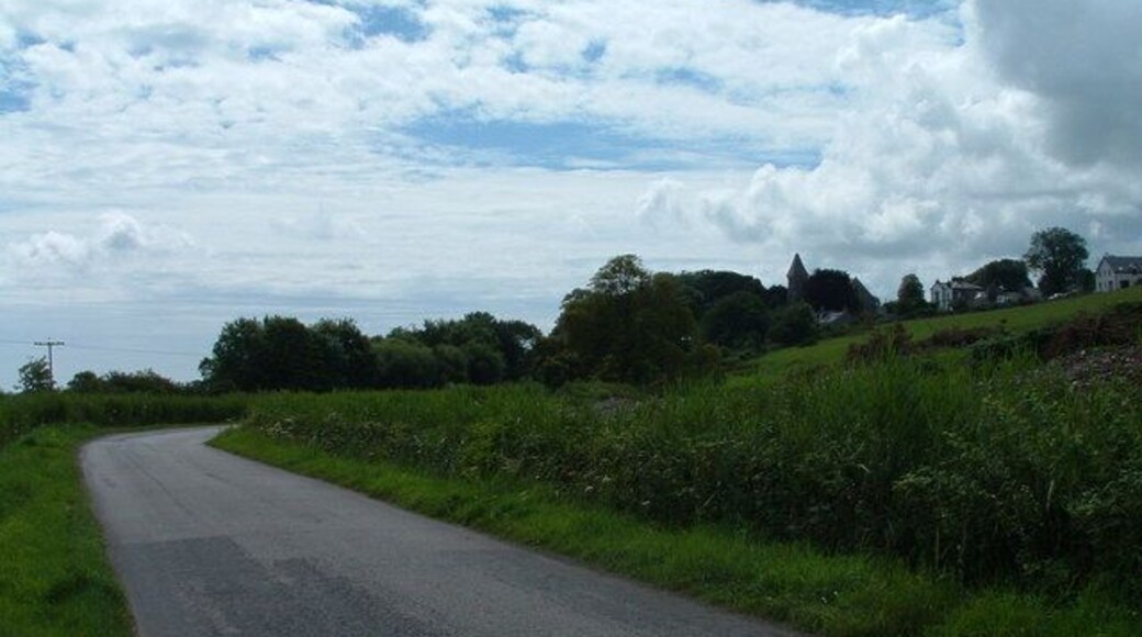 Wigtown church tower View towards Wigtown from the road to Moss of Cree.