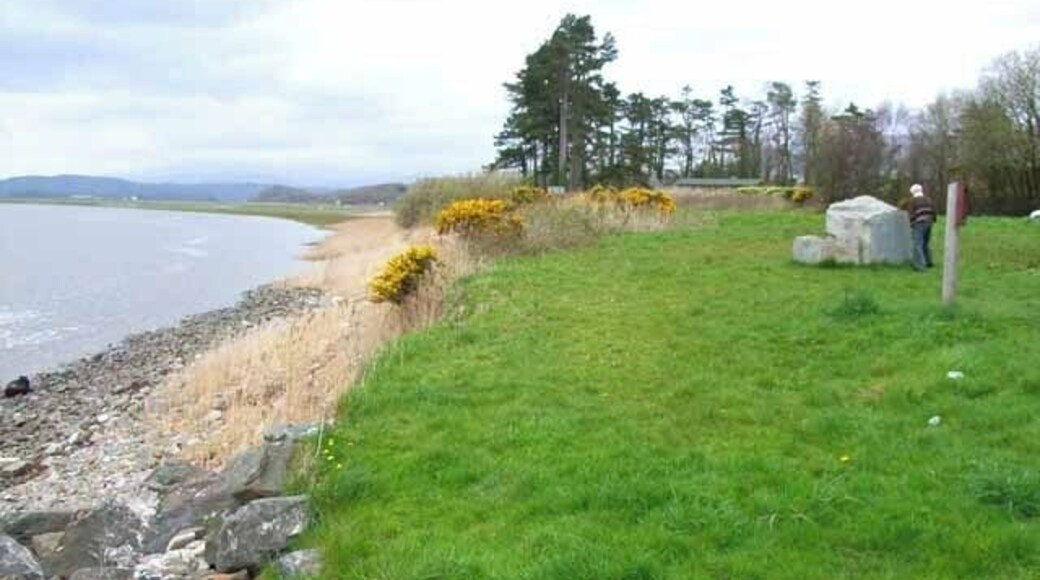 Creetown Picnic Site on the A75. This picnic site is set in a dramatic setting, overlooking the Cree estuary. The massive stone in the middle distance is a monument to "Creetown Granite"