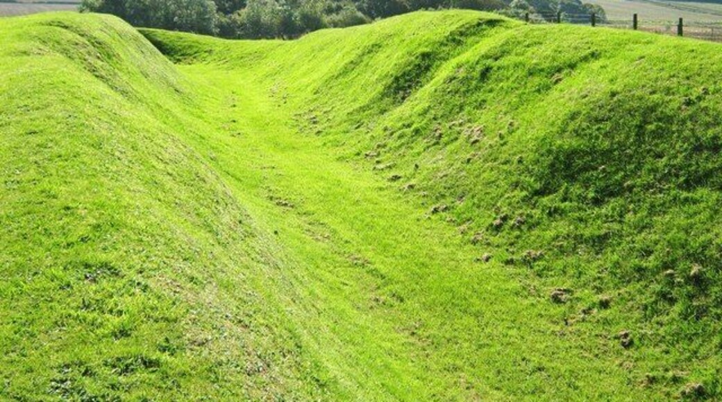 Massage defensive ditch at Rispain Settlement This view of the massive ditch at Rispain is looking south, along the ditch. Looking at the nearby trees gives an idea of just how big the ditch is.