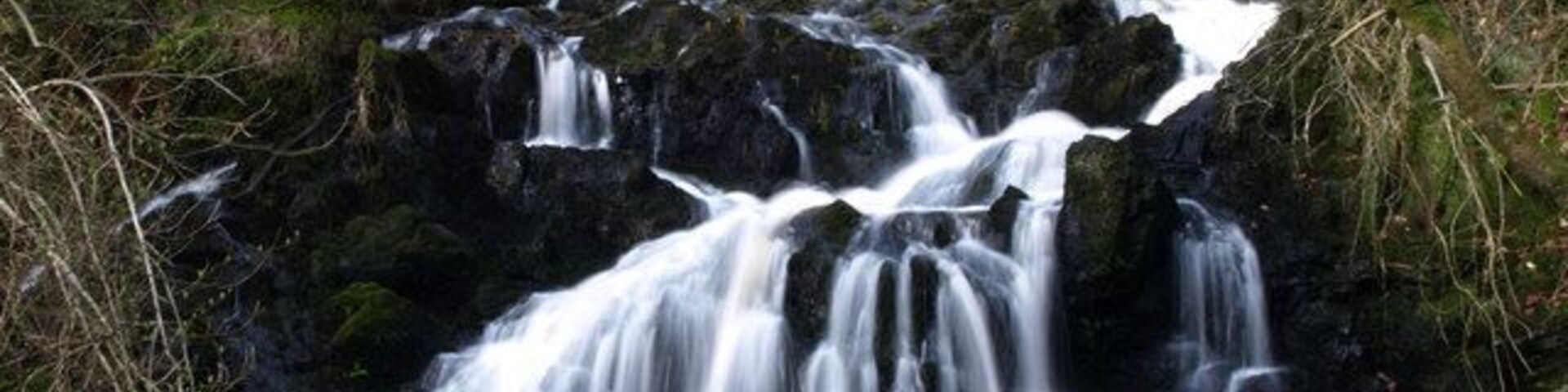 Una cascada en varios niveles rodeada de vegetación exuberante y árboles.