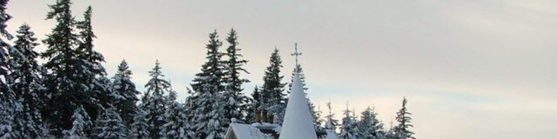 A stone church with a steeple surrounded by snow-covered trees and a bridge in the background.