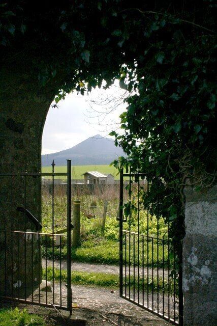 Laird's Gate The 17th century Laird's Gate at Chapel O Garioch with a view to the Mither Tap of Bennachie.