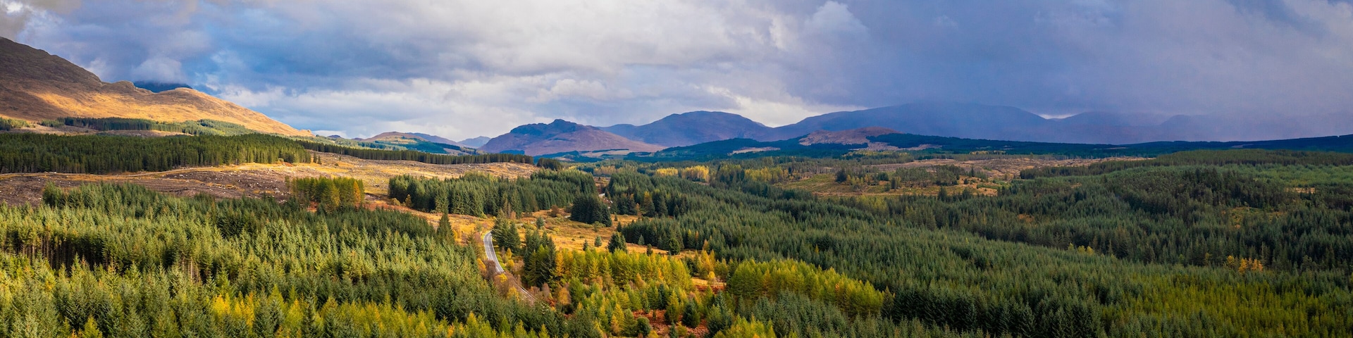 Aerial view of lush forest and majestic mountains in Roy Bridge, Scotland.
