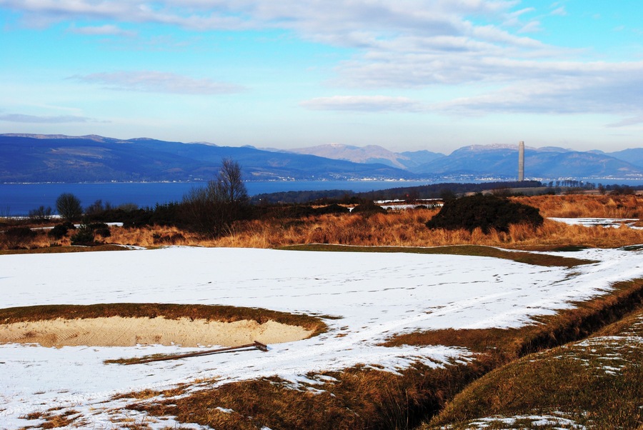 Bunker on Skelmorlie golf course Winter still hanging around on Skelmorlie Golf Course. Inverkip Chimney in the background.