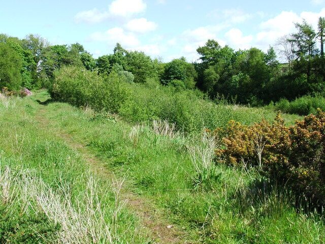 Skelmorlie Reservoir now drained. This reservoir burst in 1925, killing five people in the village below. The footpath run along the top of the dam, the reservoir was to the right.