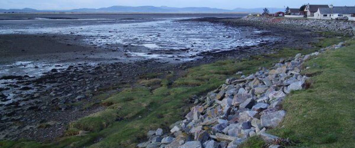 A rocky shoreline with a grassy area and a building in the distance.