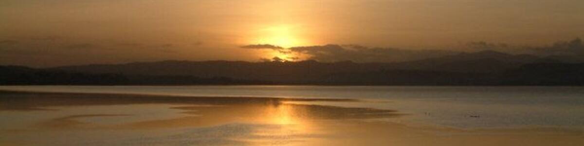 Un coucher de soleil sur un lac paisible, dont la surface reflète clairement la lumière du soleil.