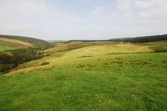 Clachaig Water, Kintyre Clachaig Water river valley on left, rough pasture in centre and start of extensive forests on horizon. Low Clachaig farm at top right.
