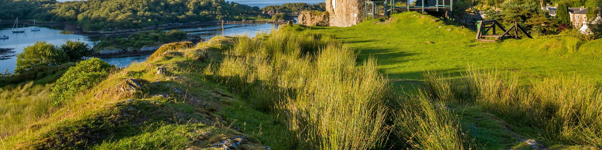 A historic stone tower and ruins on a grassy hill overlooking a lake.