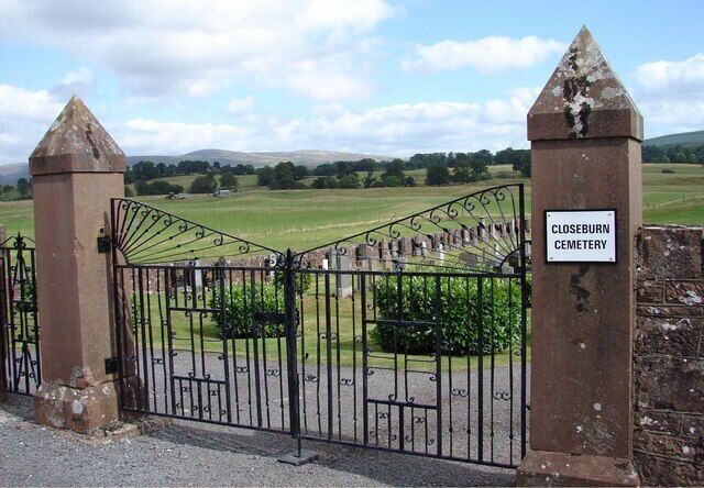 Closeburn Cemetery Standard cemetery but does contain two war graves. In the distance are the Lowther Hills.