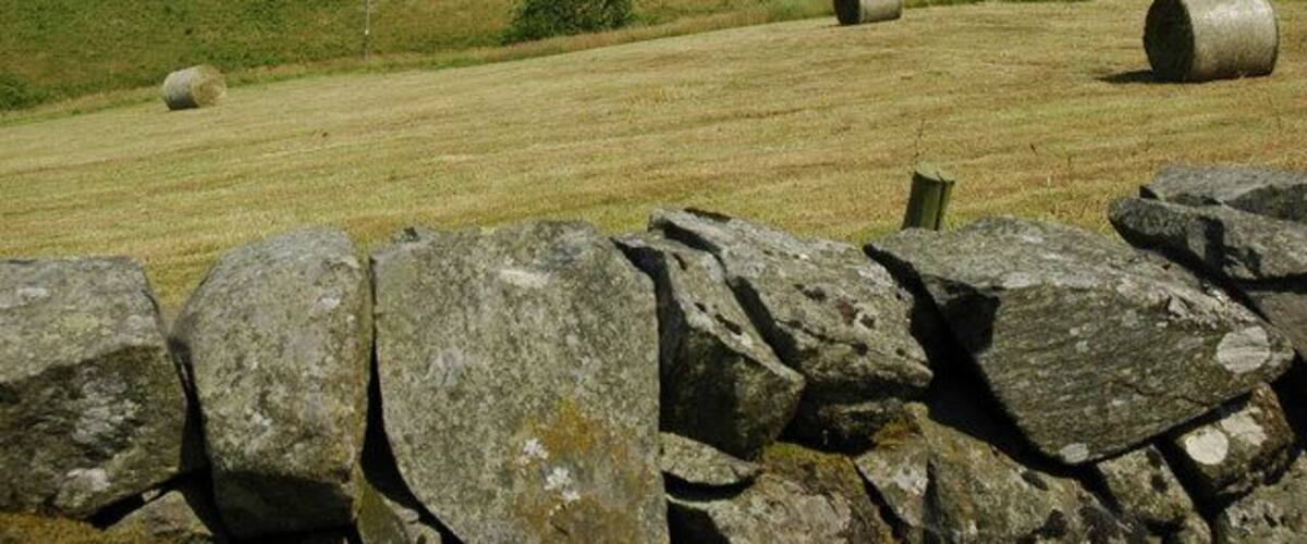 A rural landscape with rolling hills, stone walls, and hay bales.