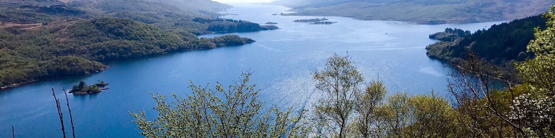 Viewpoint on road to Tighnabruaich. Kyles are the "narrows"; and at Colintraive there is a short ferry ride (5 minutes) to the Isle of Bute (landmass on far right.