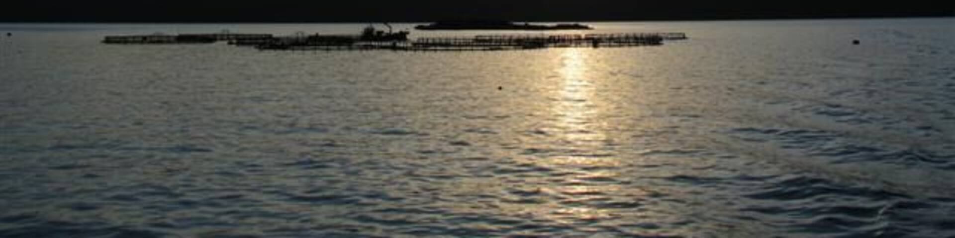 Sunset over fish farm cages.