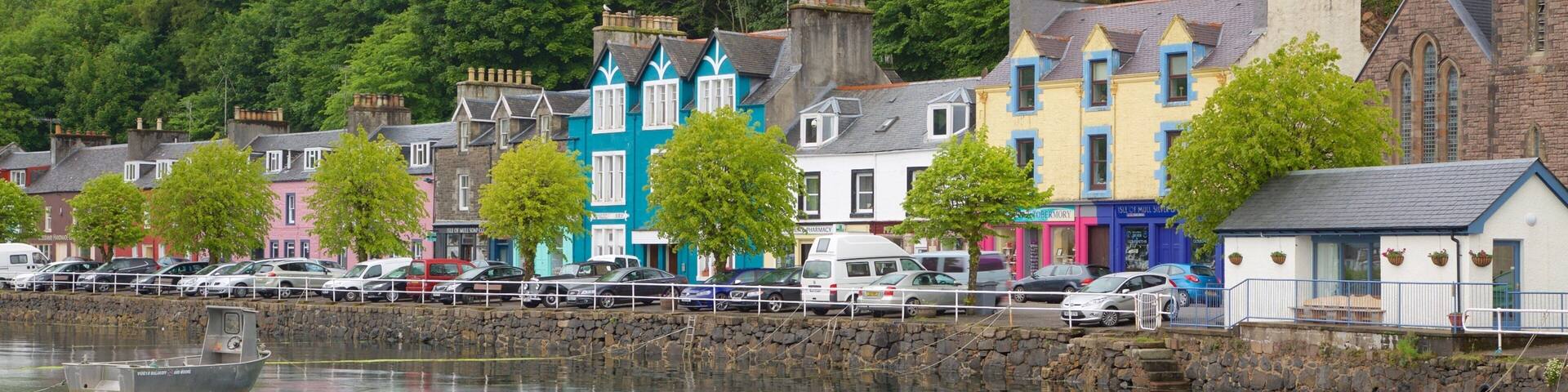 Isle of Mull featuring a bay or harbor and a coastal town