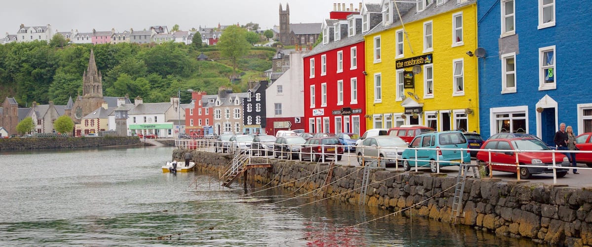 Isle of Mull som inkluderer kystby, bukt eller havn og gatescener