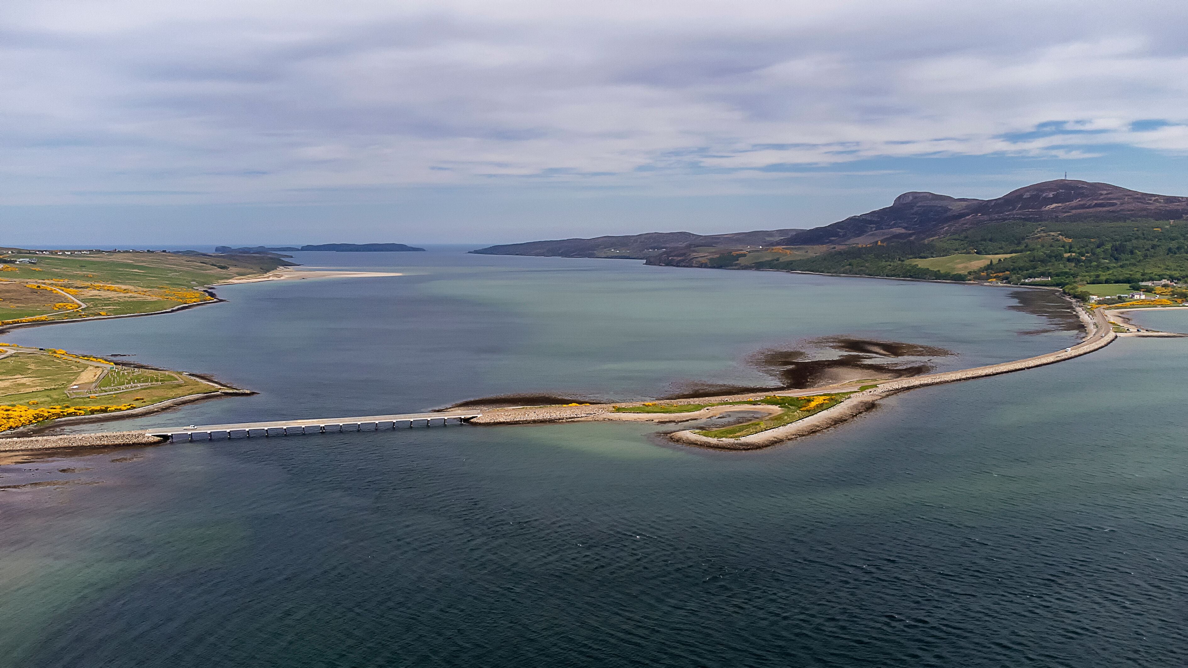 An aerial view of the Kyle of Tongue bridge in the Scottish Highlands, UK