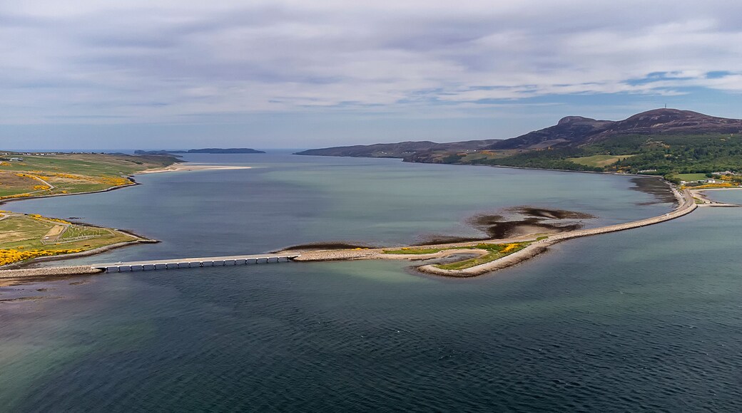An aerial view of the Kyle of Tongue bridge in the Scottish Highlands, UK