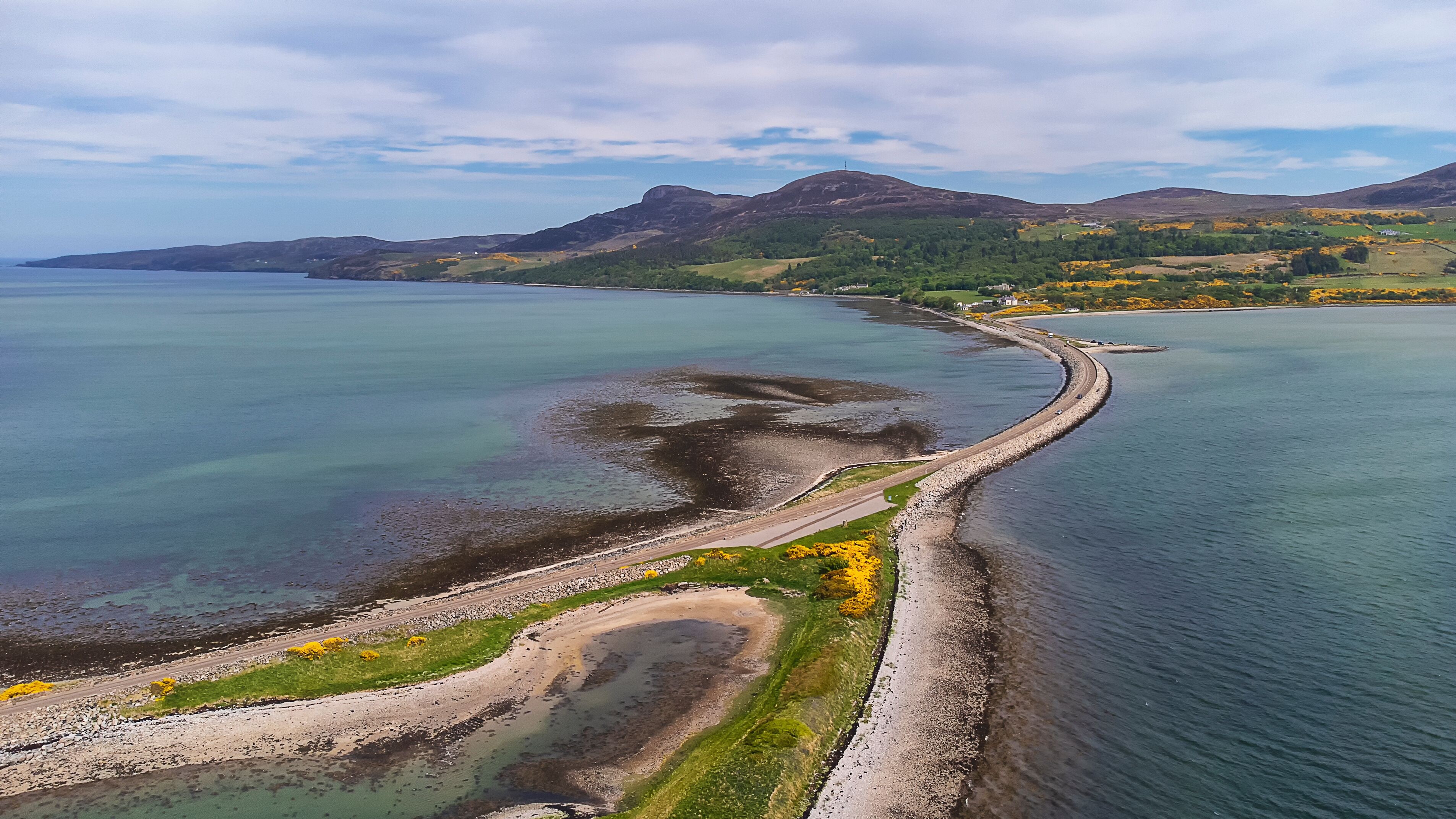 An aerial view of the Kyle of Tongue bridge in the Scottish Highlands, UK