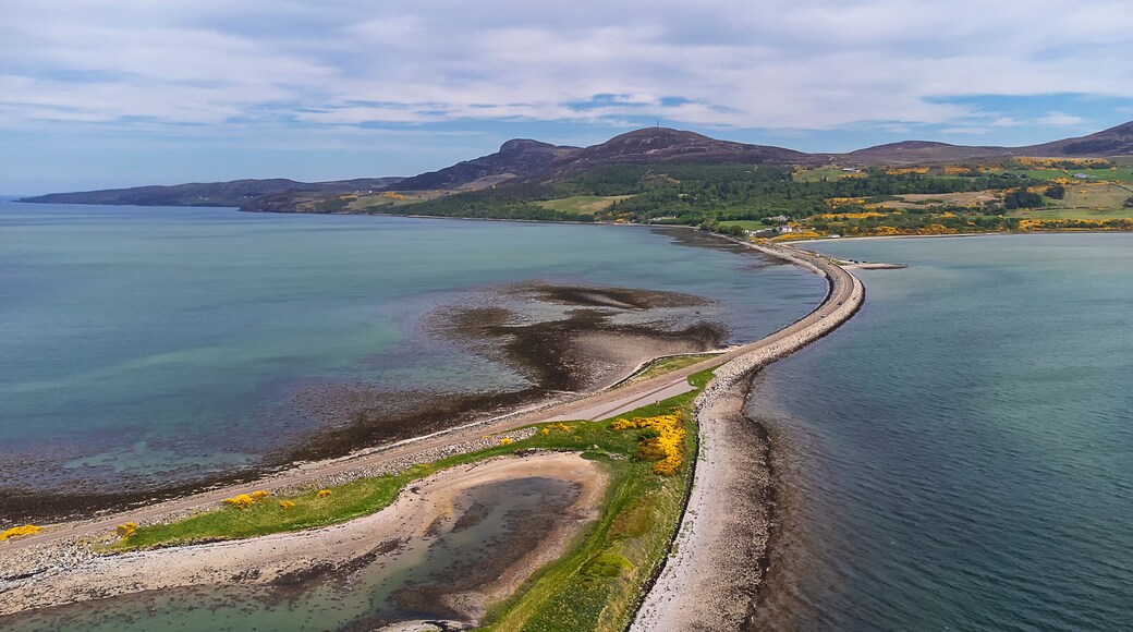 An aerial view of the Kyle of Tongue bridge in the Scottish Highlands, UK