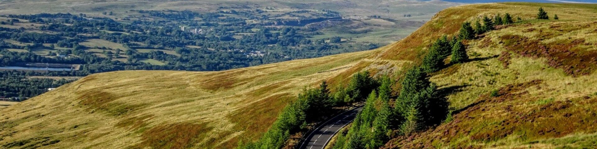 Una carretera serpenteante a través de un paisaje montañoso, con bosques densos y colinas al fondo.