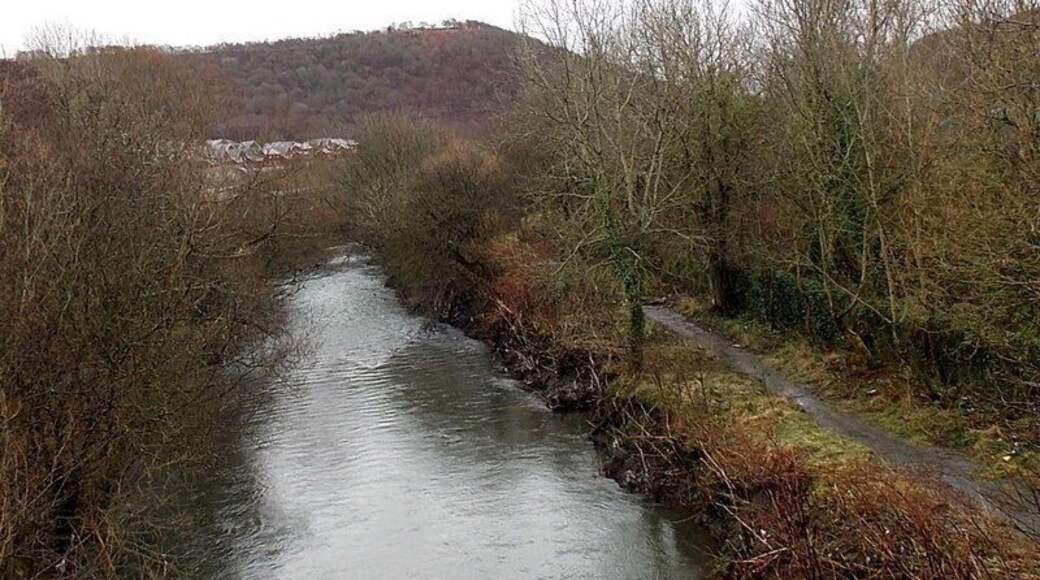 River and track, Cwmbach. The Afon Cynon flows away from the A4059 bridge near Cwmbach railway station.