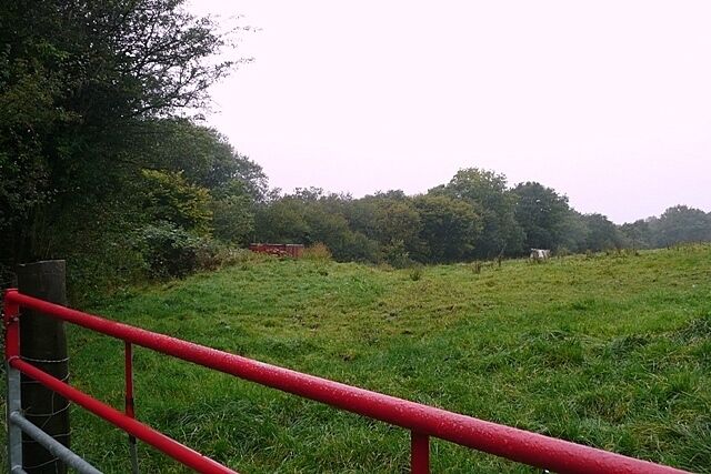 Pasture at Ysgubor-wen On a very wet day, the red gate is about the only thing to brighten up the scene. There is a small amount of farmland in the south-west of the square, beyond which there are extensive disused workings.