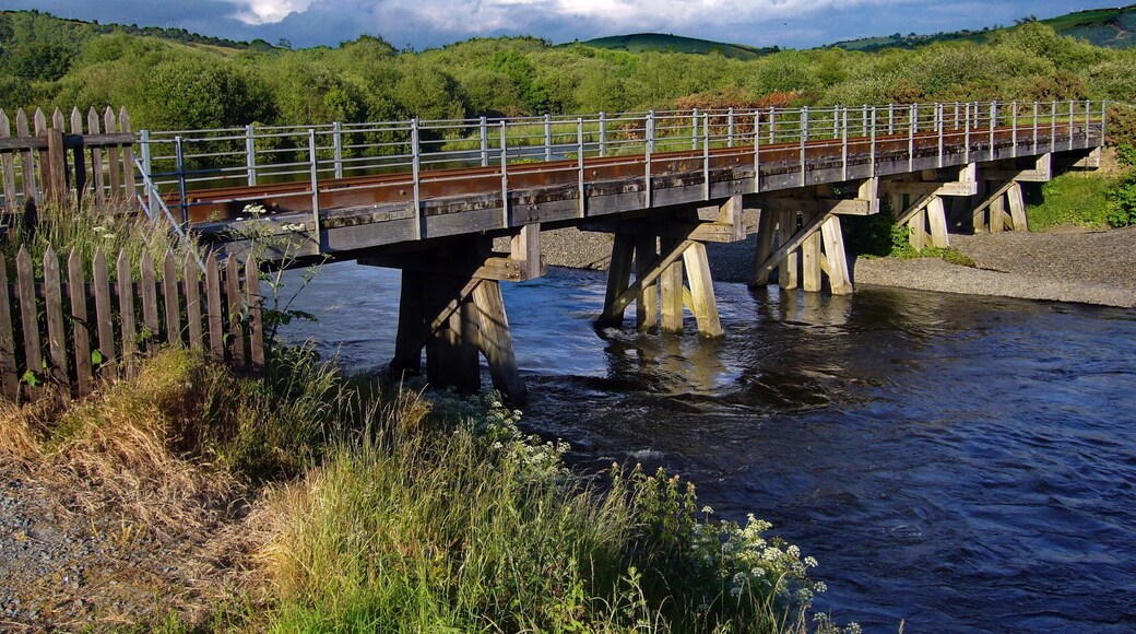 A wooden bridge over a river with a metal railing, surrounded by greenery and hills.