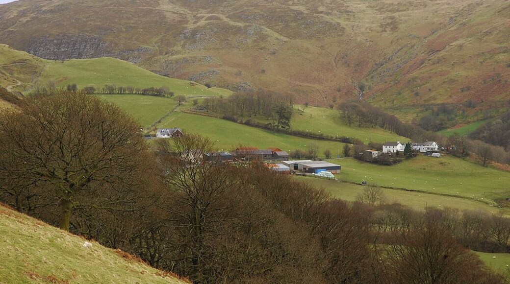 Cwmystwyth seen from the west Cwmystwyth is a fairly scattered community, the farm and nearby houses are about as dense as it gets, although there is another small group of houses just down the road from where the photograph was taken.