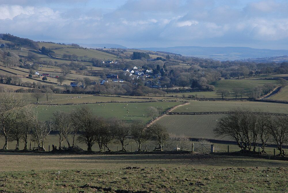 View towards Lledrod Looking across open fields to the village.