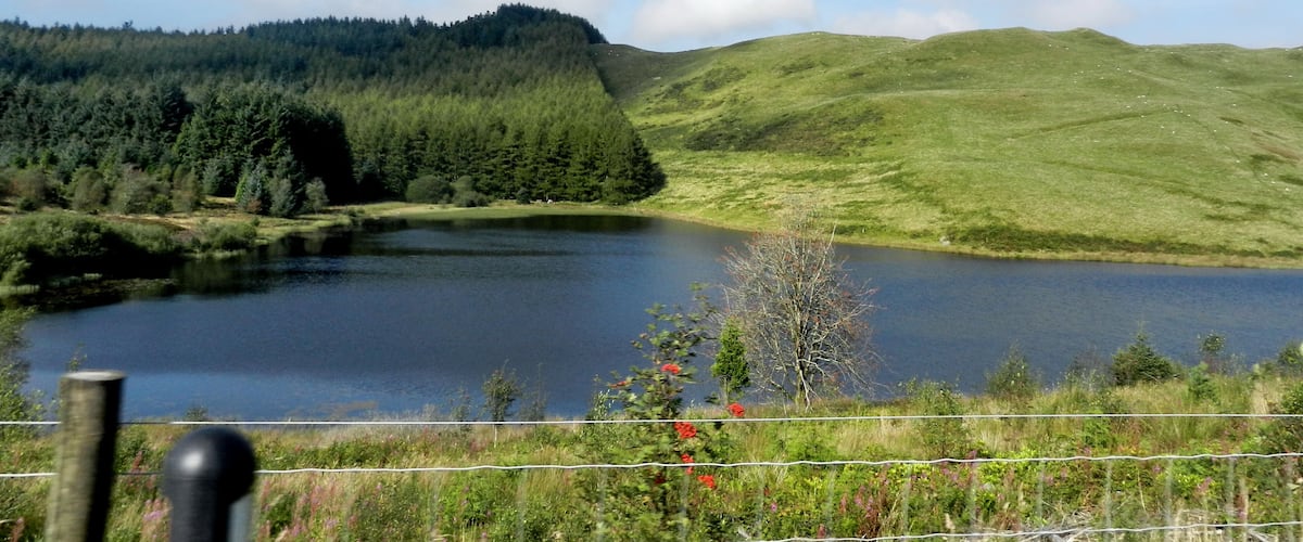 A lake surrounded by hills and a forest.