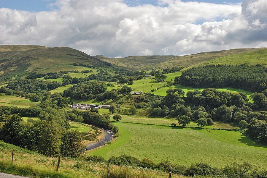 A view of Cwmystwyth looking across the only significant flat area of the cwm to be found before the river reaches maturity near Trawscoed some 6 miles further west. Beyond, steep slopes rise to the Elenydd moors. Opposite is the cwm of the Nant Milwyn, at the head of which is the small but distinctive hill of Domen Milwyn.