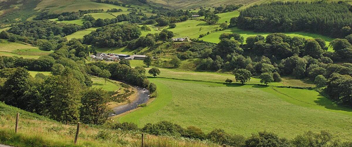 Rolling hills, a river, and scattered trees.