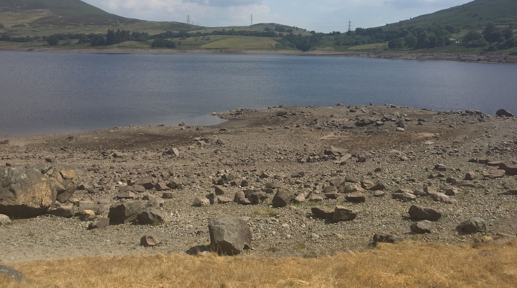 Llyn Celyn during the extended hot spell of summer 2018, showing low water levels.