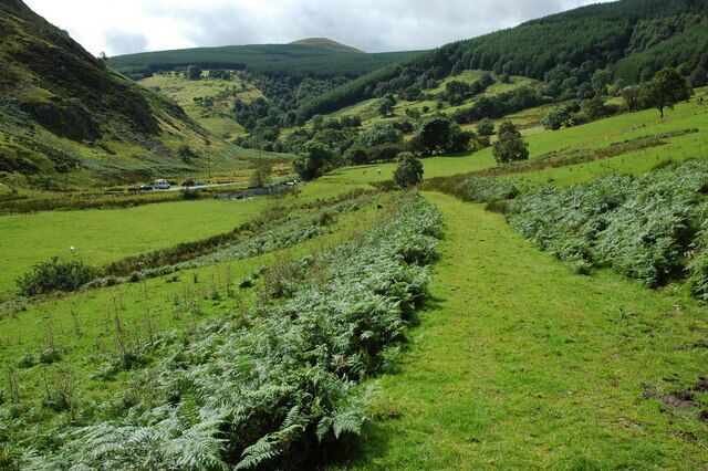 A lush green valley with a narrow path, rolling hills, and dense vegetation.