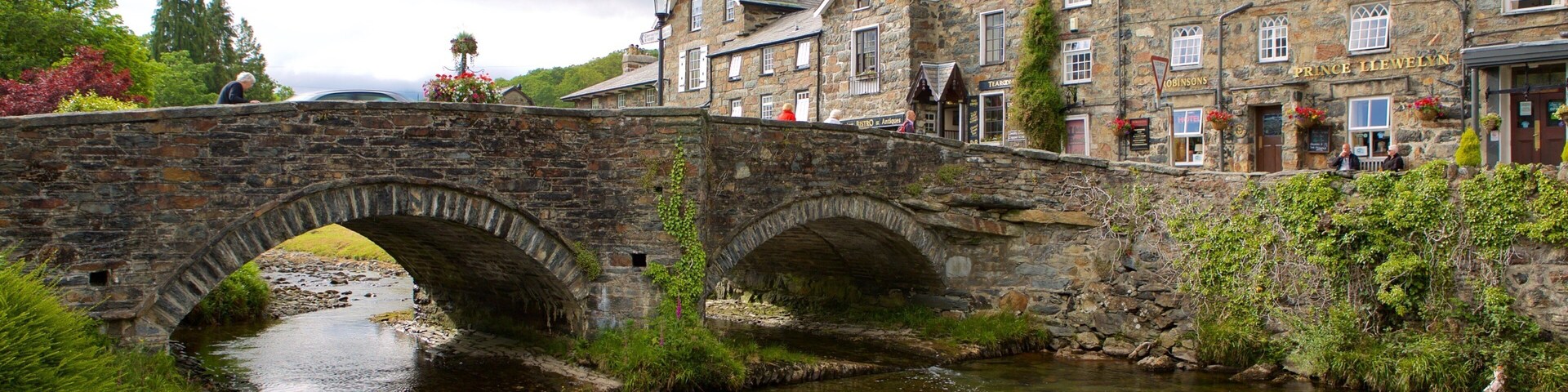 A stone bridge over a river with buildings and trees in the background.