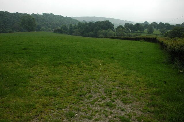 Farmland at Llanafan-fawr Farmland to the east of Llanafan-fawr church. Chwefri, a tributary of the River Wye flows through the valley in the background.